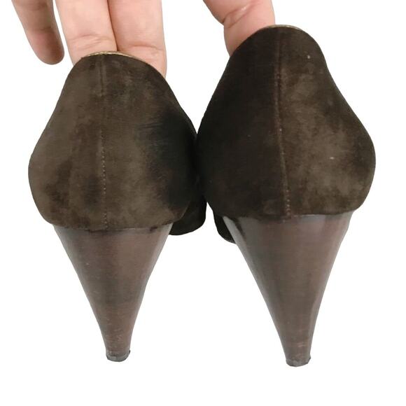PETRA Brown Pumps Suede Gold Leather Trim Cone Heels Almond Toe Italy Size 7.5M - Picture 5 of 8